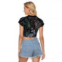 Aotearoa Moko Tribal Tattoo Raglan Cropped T Shirt New Zealand Maori Penguin and Fantail Paua Shell Style