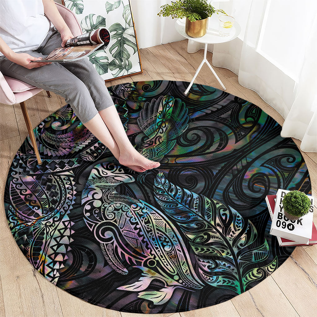Aotearoa Moko Tribal Tattoo Round Carpet New Zealand Maori Penguin and Fantail Paua Shell Style