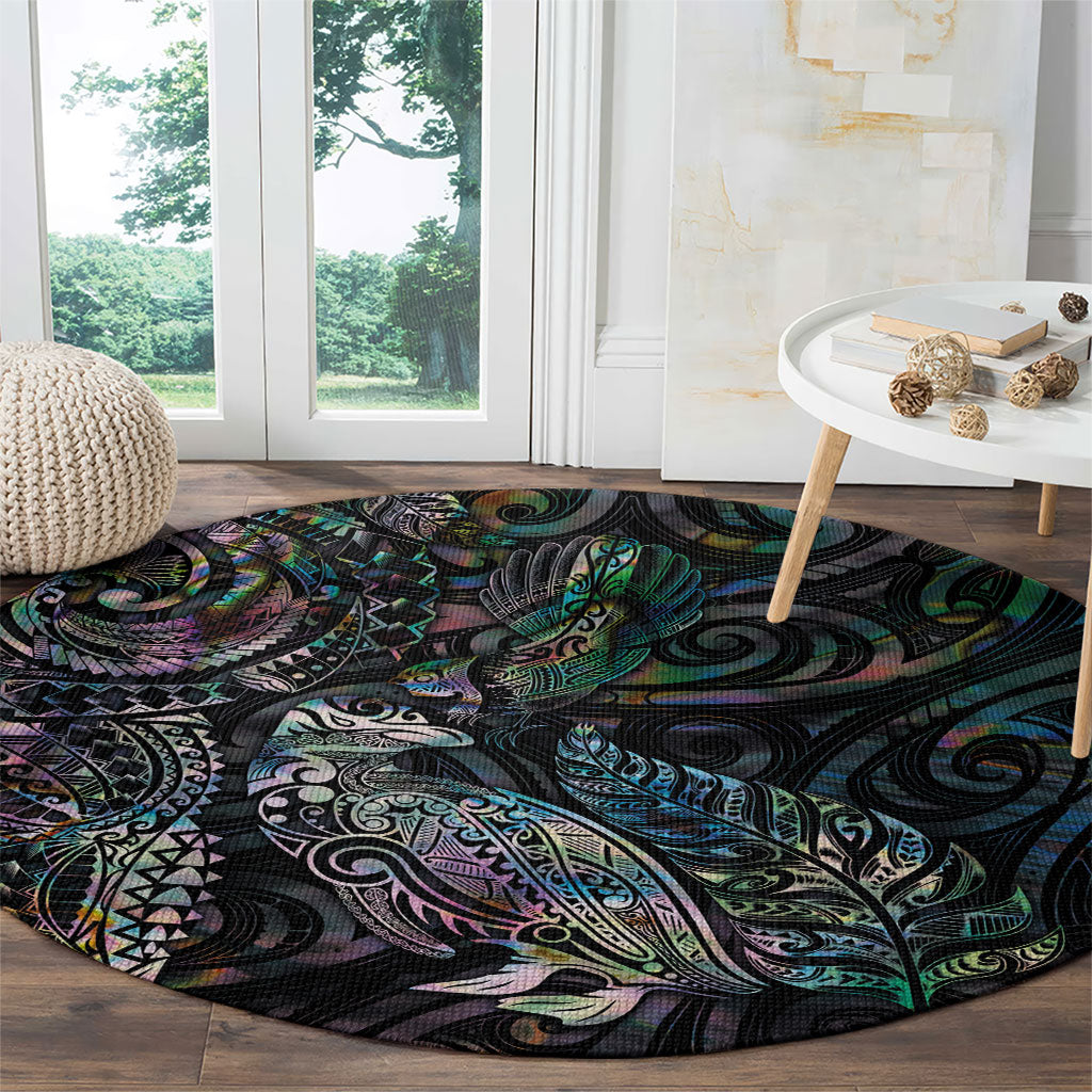 Aotearoa Moko Tribal Tattoo Round Carpet New Zealand Maori Penguin and Fantail Paua Shell Style