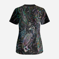 Aotearoa Moko Tribal Tattoo Scrub Top New Zealand Maori Penguin and Fantail Paua Shell Style