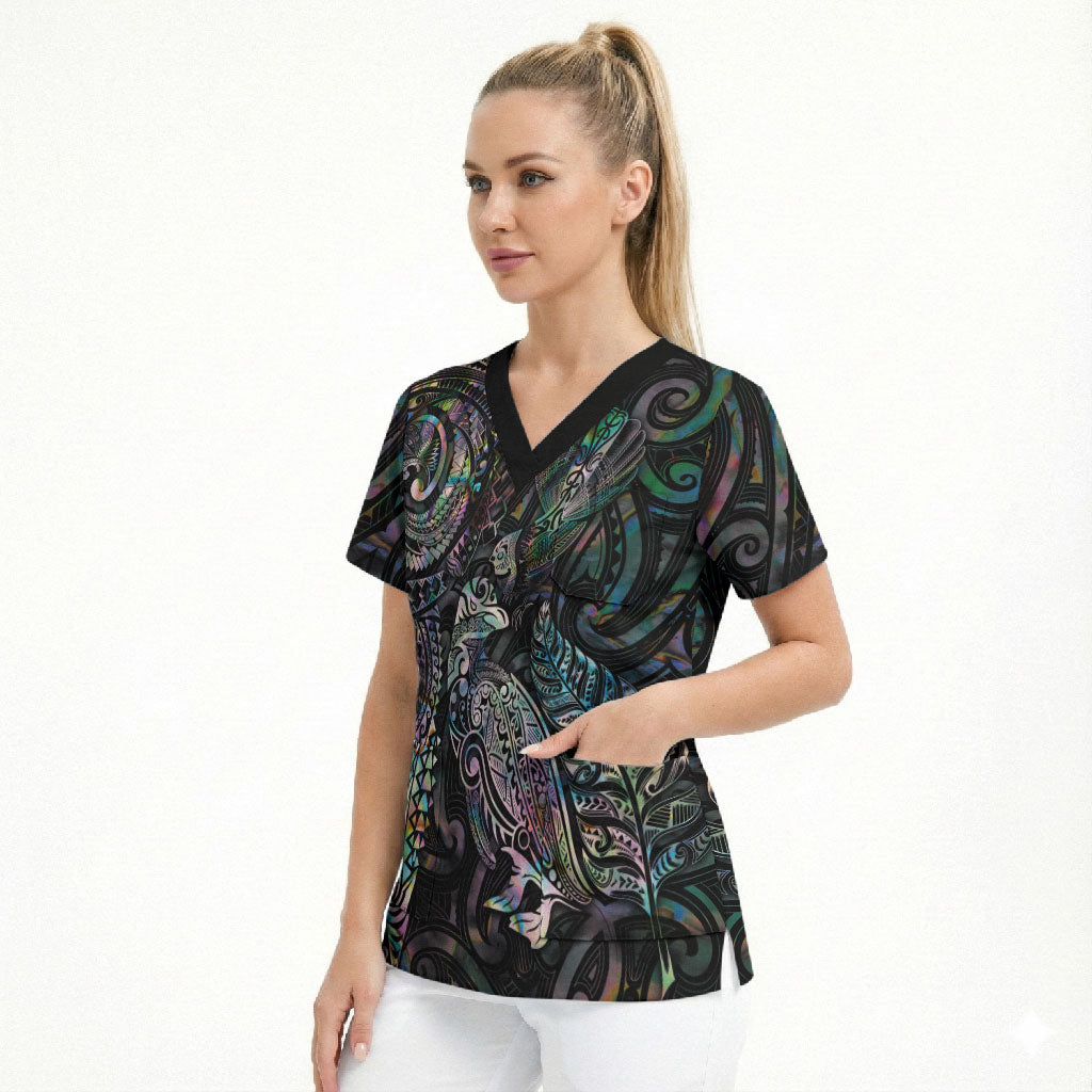 Aotearoa Moko Tribal Tattoo Scrub Top New Zealand Maori Penguin and Fantail Paua Shell Style
