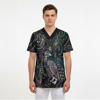 Aotearoa Moko Tribal Tattoo Scrub Top New Zealand Maori Penguin and Fantail Paua Shell Style