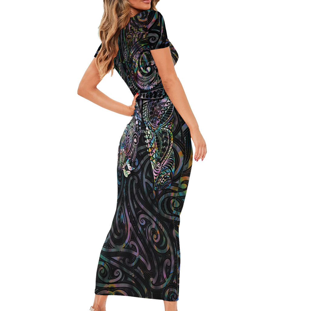 Aotearoa Moko Tribal Tattoo Short Sleeve Bodycon Dress New Zealand Maori Penguin and Fantail Paua Shell Style