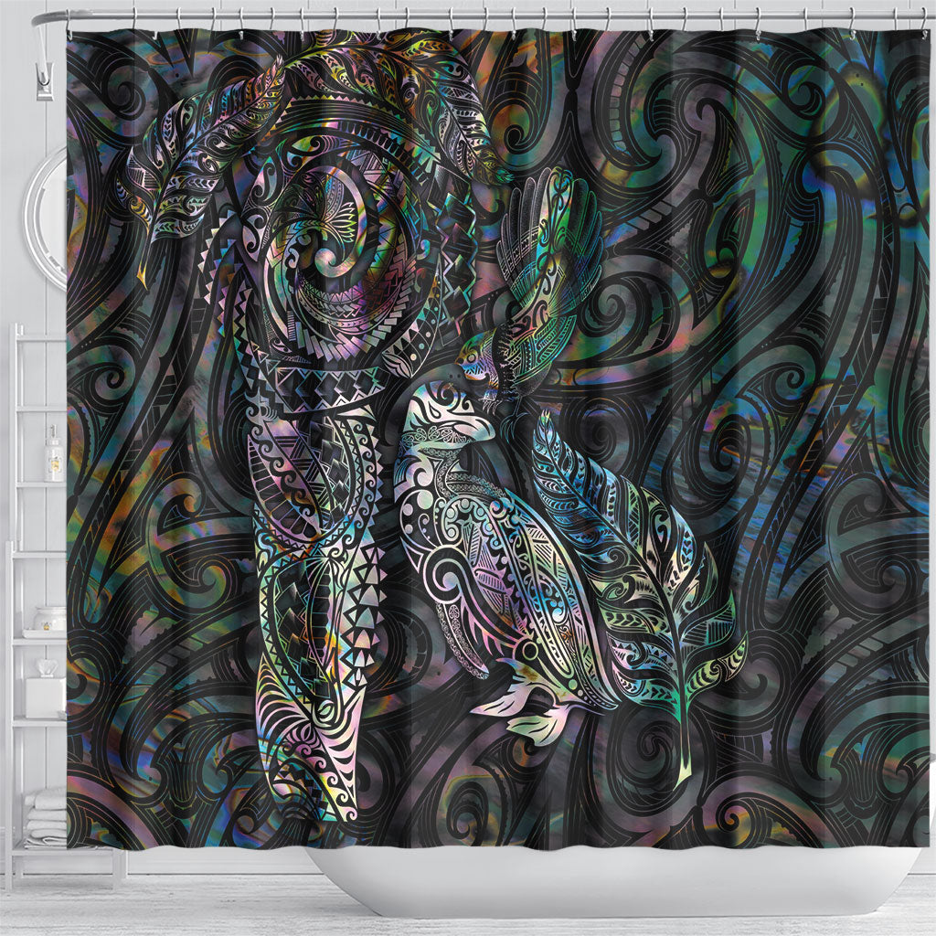 Aotearoa Moko Tribal Tattoo Shower Curtain New Zealand Maori Penguin and Fantail Paua Shell Style