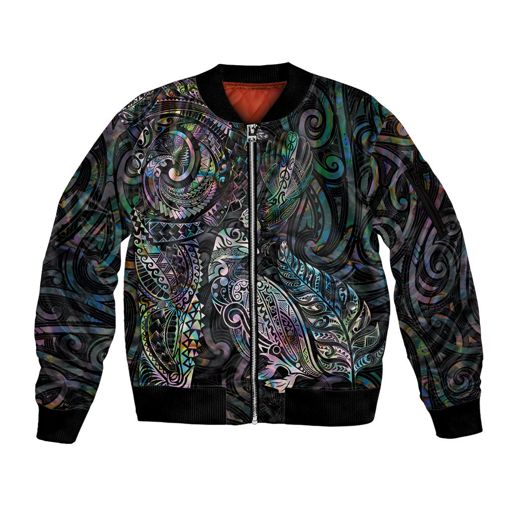 Aotearoa Moko Tribal Tattoo Sleeve Zip Bomber Jacket New Zealand Maori Penguin and Fantail Paua Shell Style