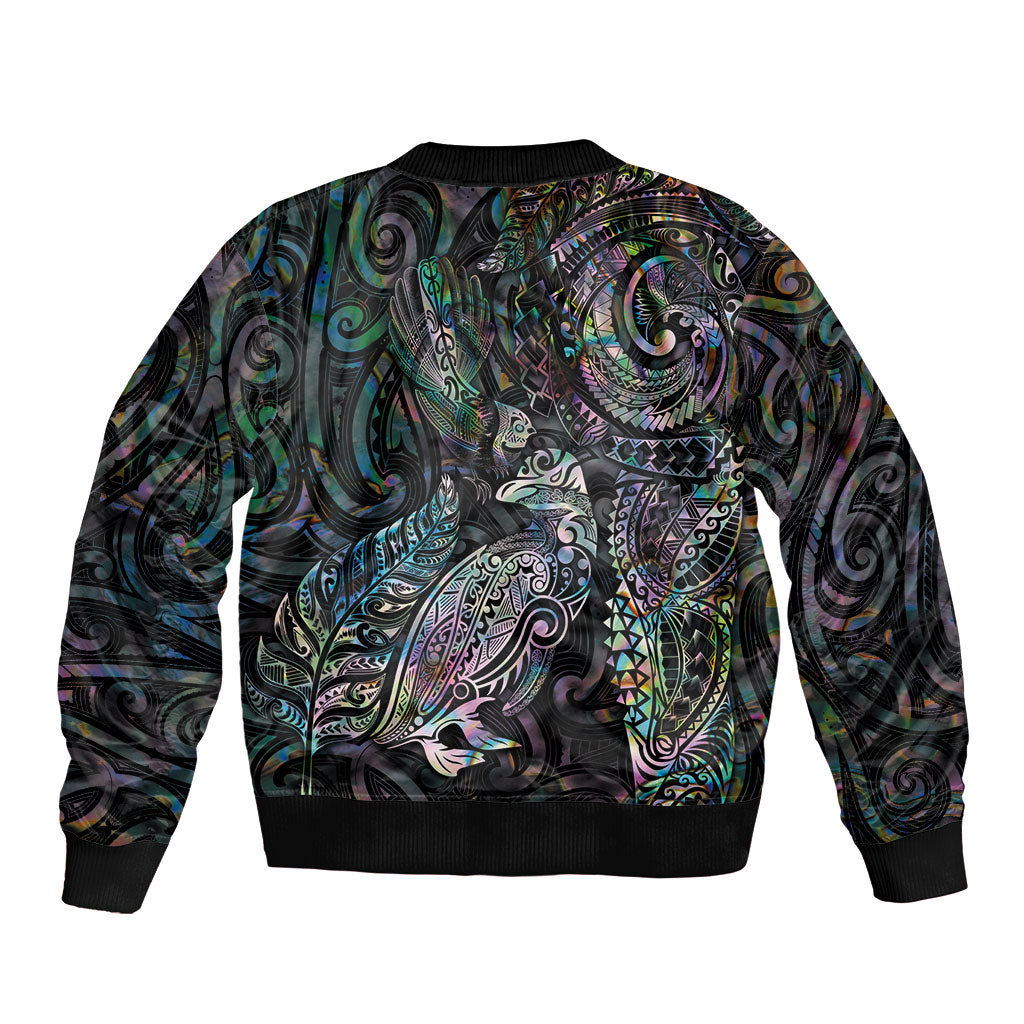 Aotearoa Moko Tribal Tattoo Sleeve Zip Bomber Jacket New Zealand Maori Penguin and Fantail Paua Shell Style