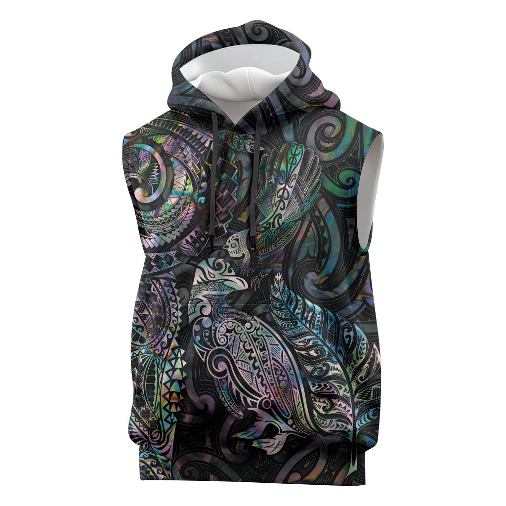 Aotearoa Moko Tribal Tattoo Sleeveless Hoodie New Zealand Maori Penguin and Fantail Paua Shell Style