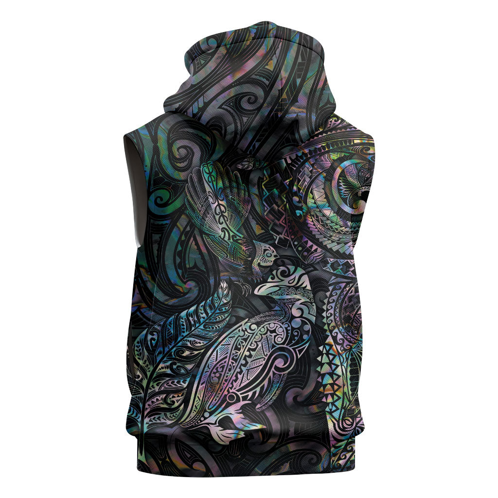 Aotearoa Moko Tribal Tattoo Sleeveless Hoodie New Zealand Maori Penguin and Fantail Paua Shell Style