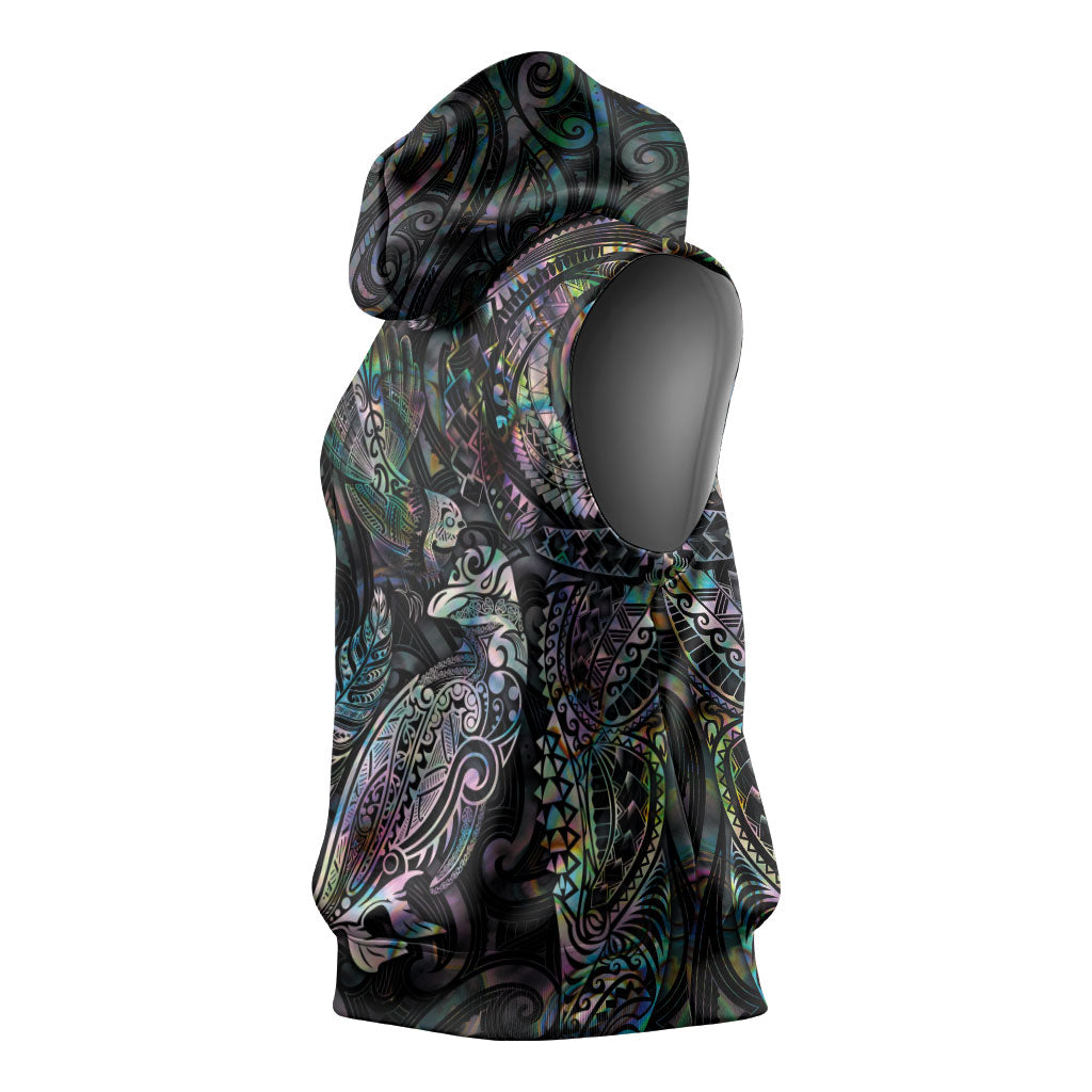 Aotearoa Moko Tribal Tattoo Sleeveless Hoodie New Zealand Maori Penguin and Fantail Paua Shell Style