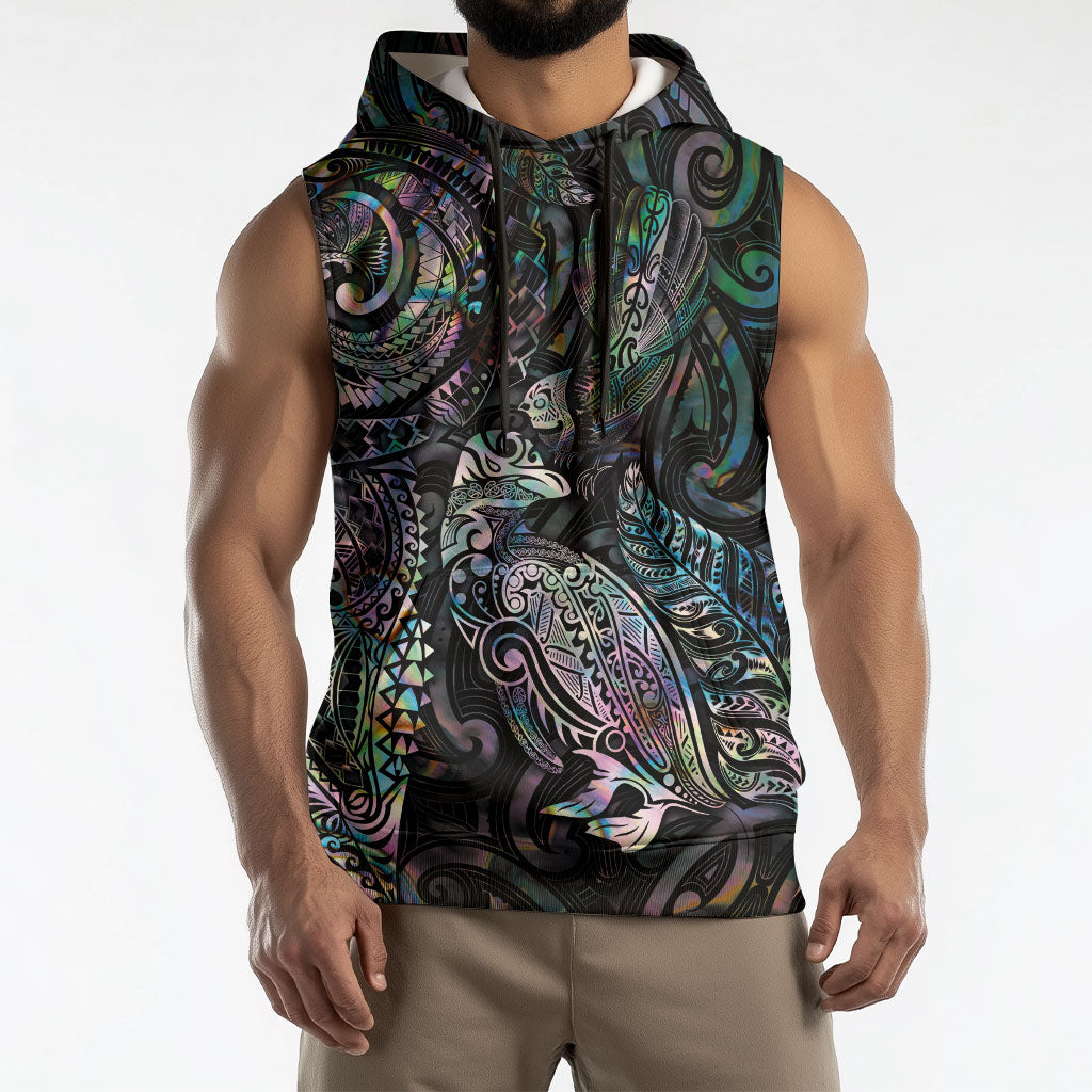 Aotearoa Moko Tribal Tattoo Sleeveless Hoodie New Zealand Maori Penguin and Fantail Paua Shell Style