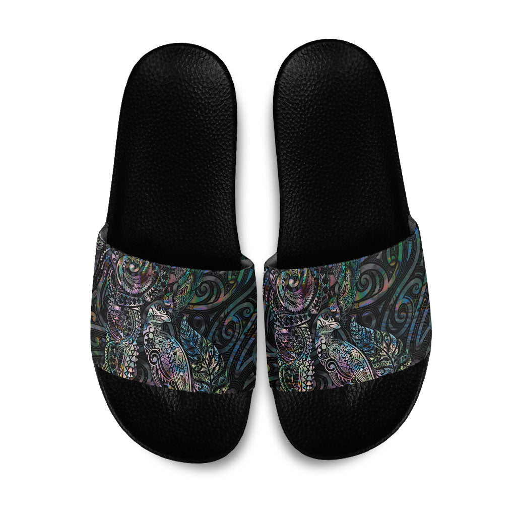 Aotearoa Moko Tribal Tattoo Slide Sandals New Zealand Maori Penguin and Fantail Paua Shell Style LT03 Multicolor - Polynesian Pride