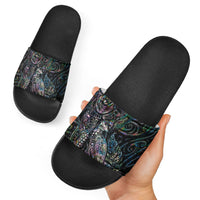 Aotearoa Moko Tribal Tattoo Slide Sandals New Zealand Maori Penguin and Fantail Paua Shell Style