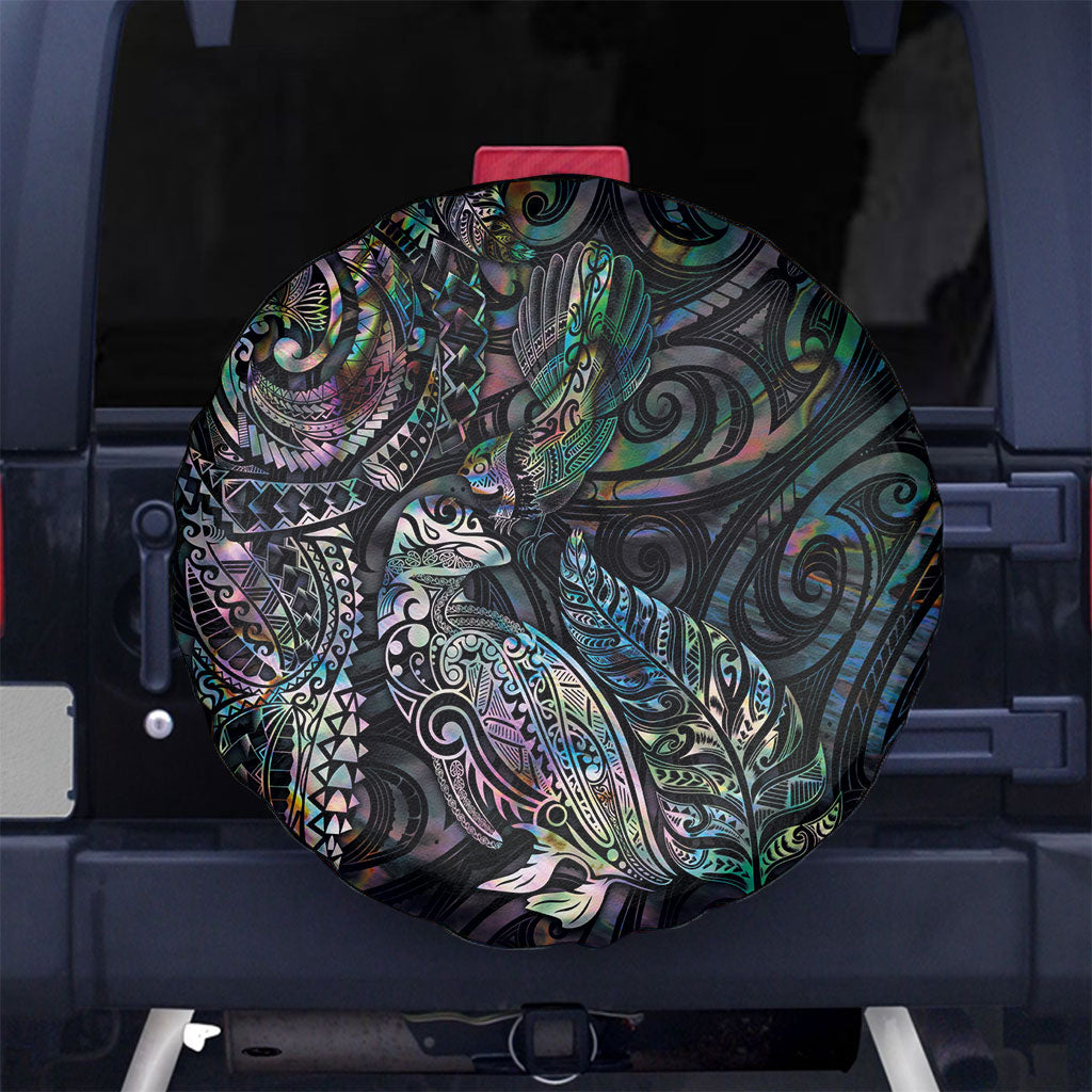 Aotearoa Moko Tribal Tattoo Spare Tire Cover New Zealand Maori Penguin and Fantail Paua Shell Style