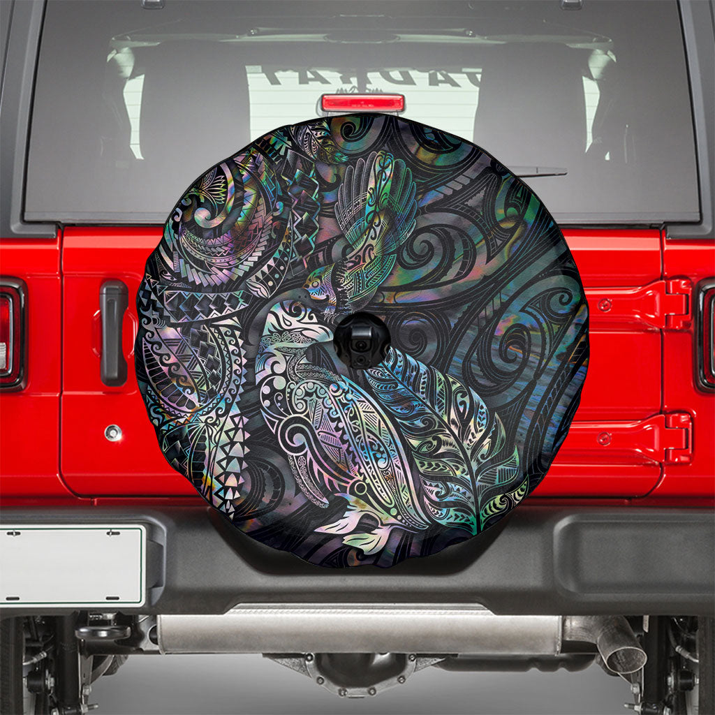 Aotearoa Moko Tribal Tattoo Spare Tire Cover New Zealand Maori Penguin and Fantail Paua Shell Style