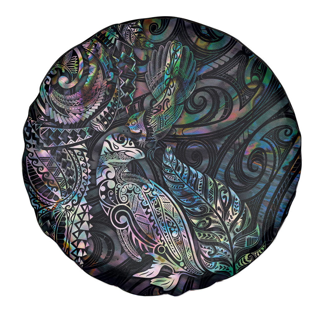 Aotearoa Moko Tribal Tattoo Spare Tire Cover New Zealand Maori Penguin and Fantail Paua Shell Style