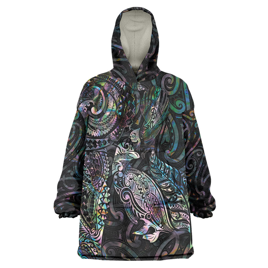 Aotearoa Moko Tribal Tattoo Wearable Blanket Hoodie New Zealand Maori Penguin and Fantail Paua Shell Style