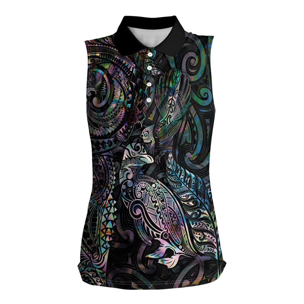Aotearoa Moko Tribal Tattoo Women Sleeveless Polo Shirt New Zealand Maori Penguin and Fantail Paua Shell Style LT03 Female Multicolor - Polynesian Pride
