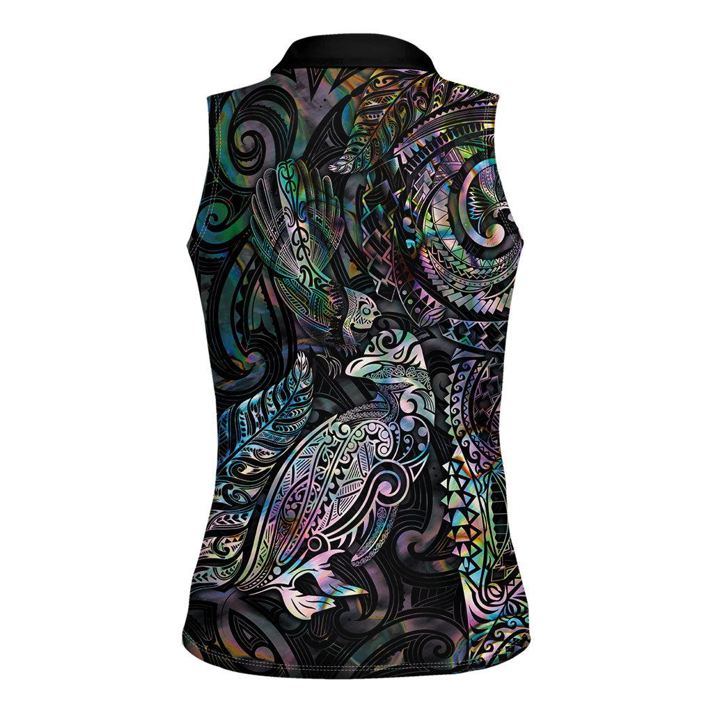 Aotearoa Moko Tribal Tattoo Women Sleeveless Polo Shirt New Zealand Maori Penguin and Fantail Paua Shell Style