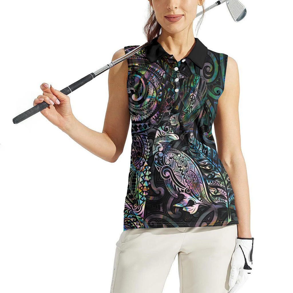 Aotearoa Moko Tribal Tattoo Women Sleeveless Polo Shirt New Zealand Maori Penguin and Fantail Paua Shell Style