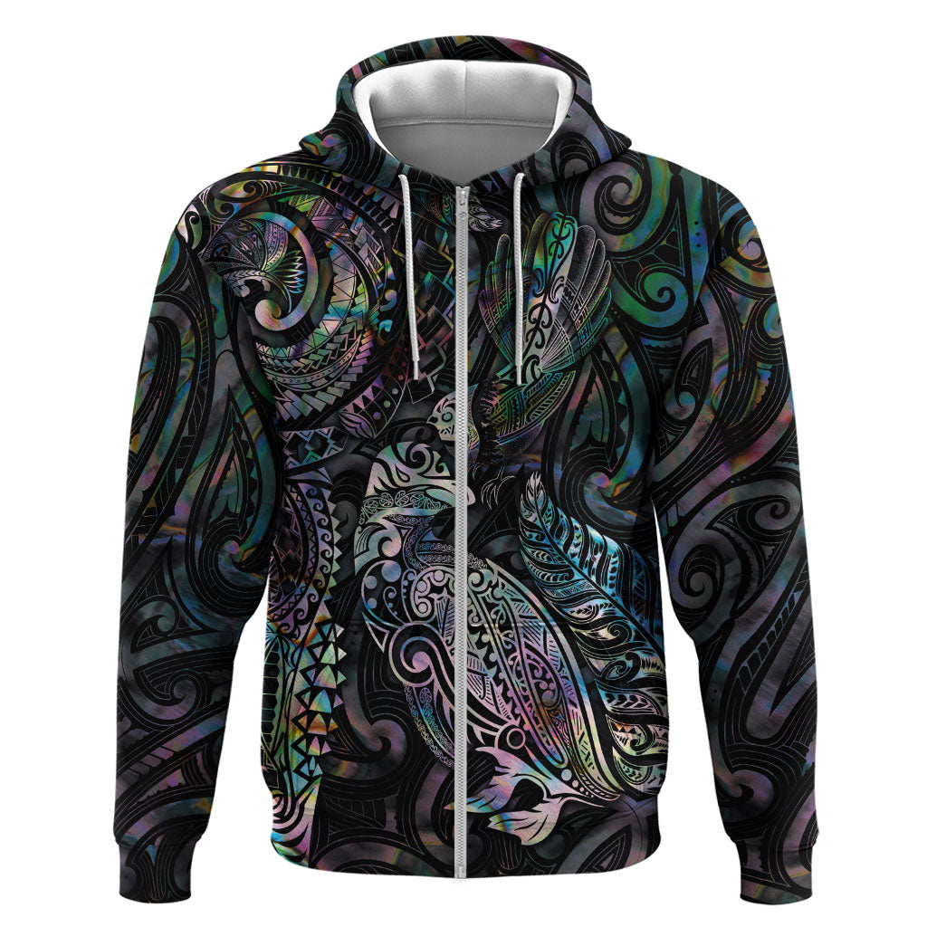 Aotearoa Moko Tribal Tattoo Zip Hoodie New Zealand Maori Penguin and Fantail Paua Shell Style