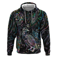 Aotearoa Moko Tribal Tattoo Zip Hoodie New Zealand Maori Penguin and Fantail Paua Shell Style