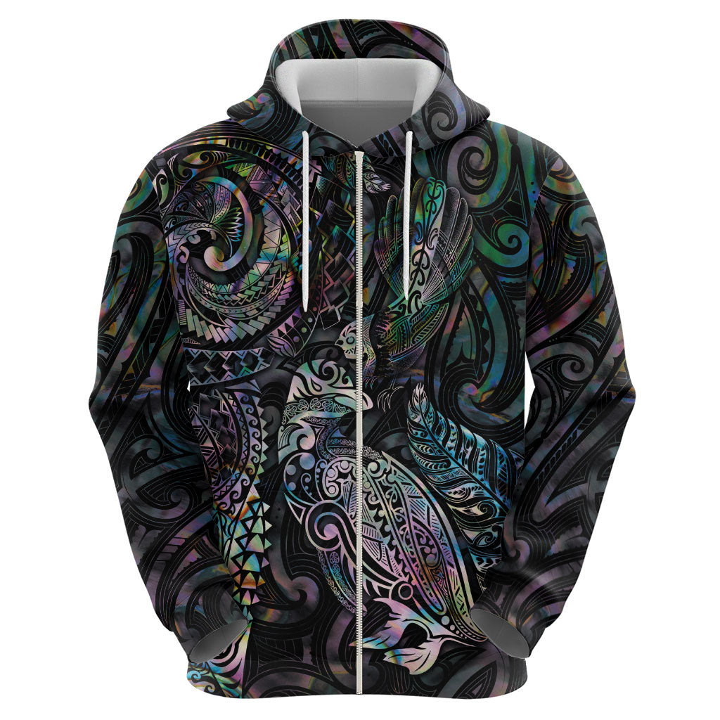 Aotearoa Moko Tribal Tattoo Zip Hoodie New Zealand Maori Penguin and Fantail Paua Shell Style