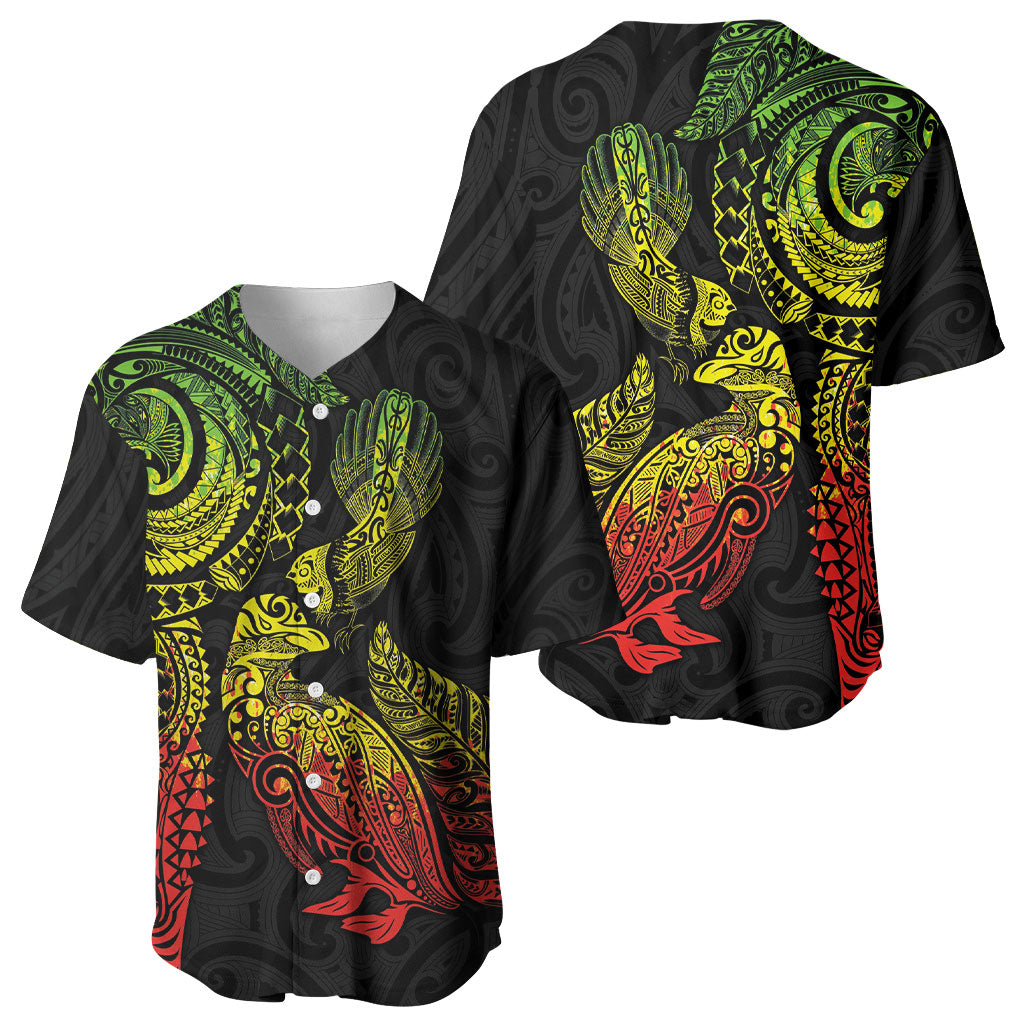 Aotearoa Moko Tribal Tattoo Baseball Jersey New Zealand Maori Penguin and Fantail Reggae Style