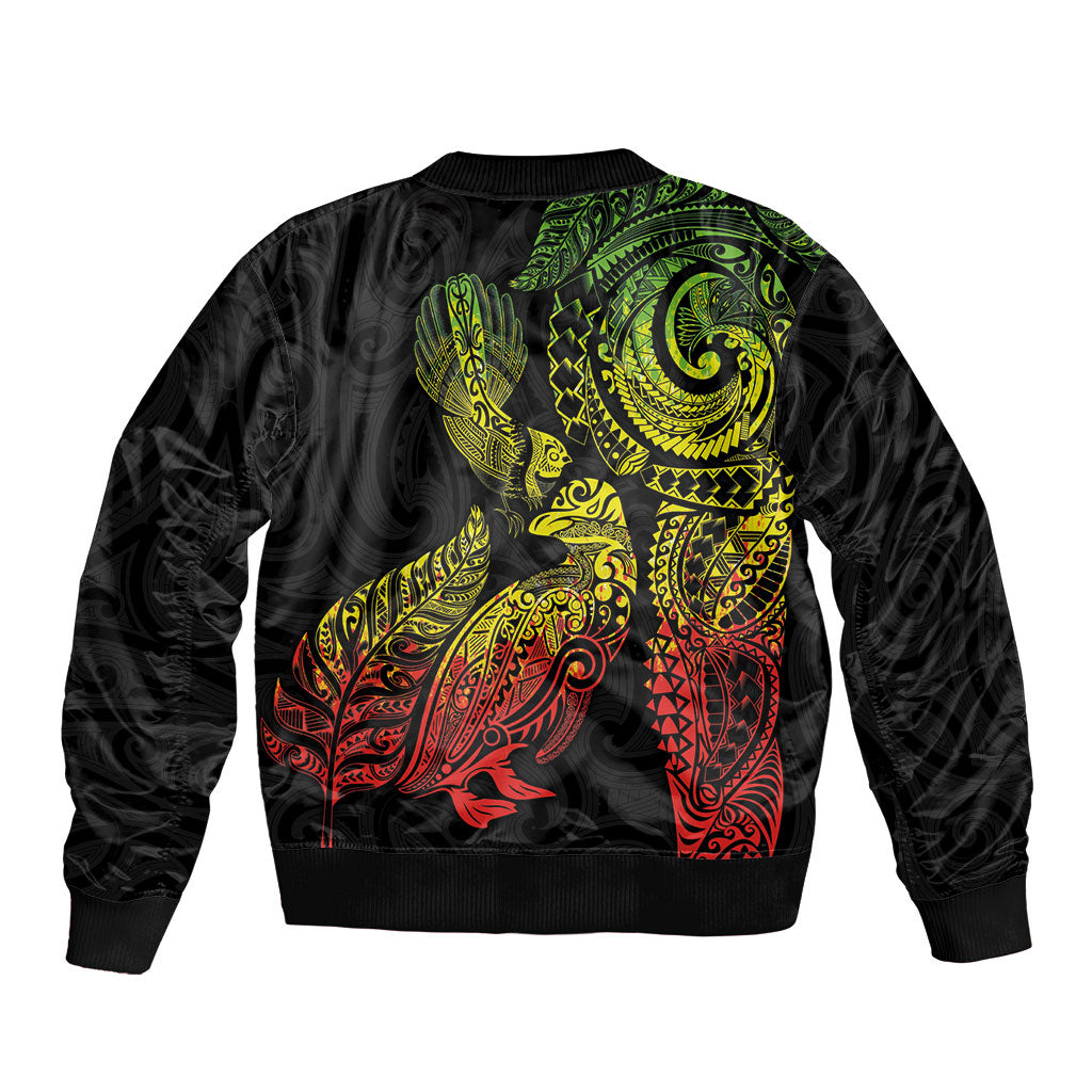 Aotearoa Moko Tribal Tattoo Bomber Jacket New Zealand Maori Penguin and Fantail Reggae Style
