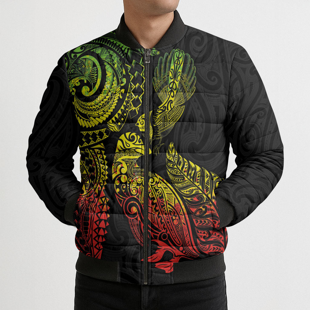 Aotearoa Moko Tribal Tattoo Bomber Puffer Jacket New Zealand Maori Penguin and Fantail Reggae Style