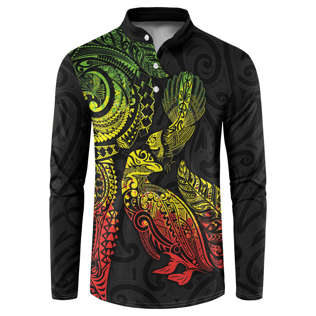 Aotearoa Moko Tribal Tattoo Button Sweatshirt New Zealand Maori Penguin and Fantail Reggae Style LT03 Multicolor - Polynesian Pride