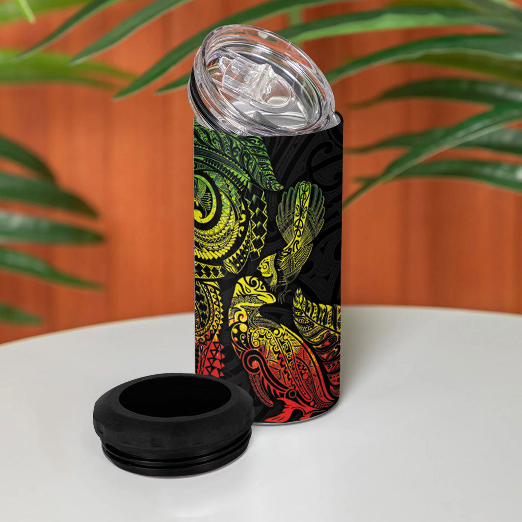 Aotearoa Moko Tribal Tattoo 4 in 1 Can Cooler Tumbler New Zealand Maori Penguin and Fantail Reggae Style