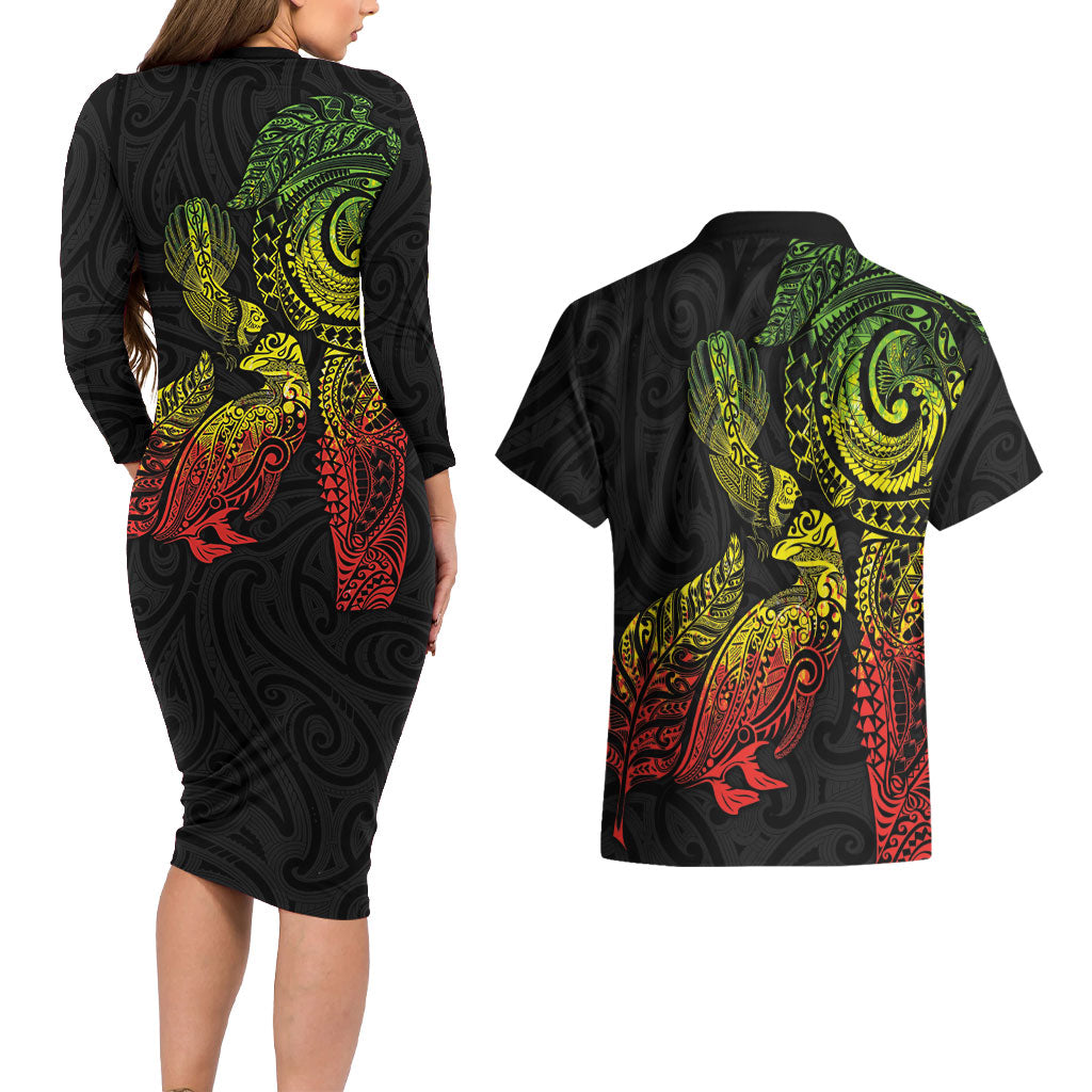 Aotearoa Moko Tribal Tattoo Couples Matching Long Sleeve Bodycon Dress and Hawaiian Shirt New Zealand Maori Penguin and Fantail Reggae Style
