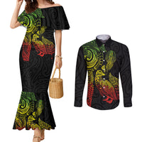 Aotearoa Moko Tribal Tattoo Couples Matching Mermaid Dress and Long Sleeve Button Shirt New Zealand Maori Penguin and Fantail Reggae Style