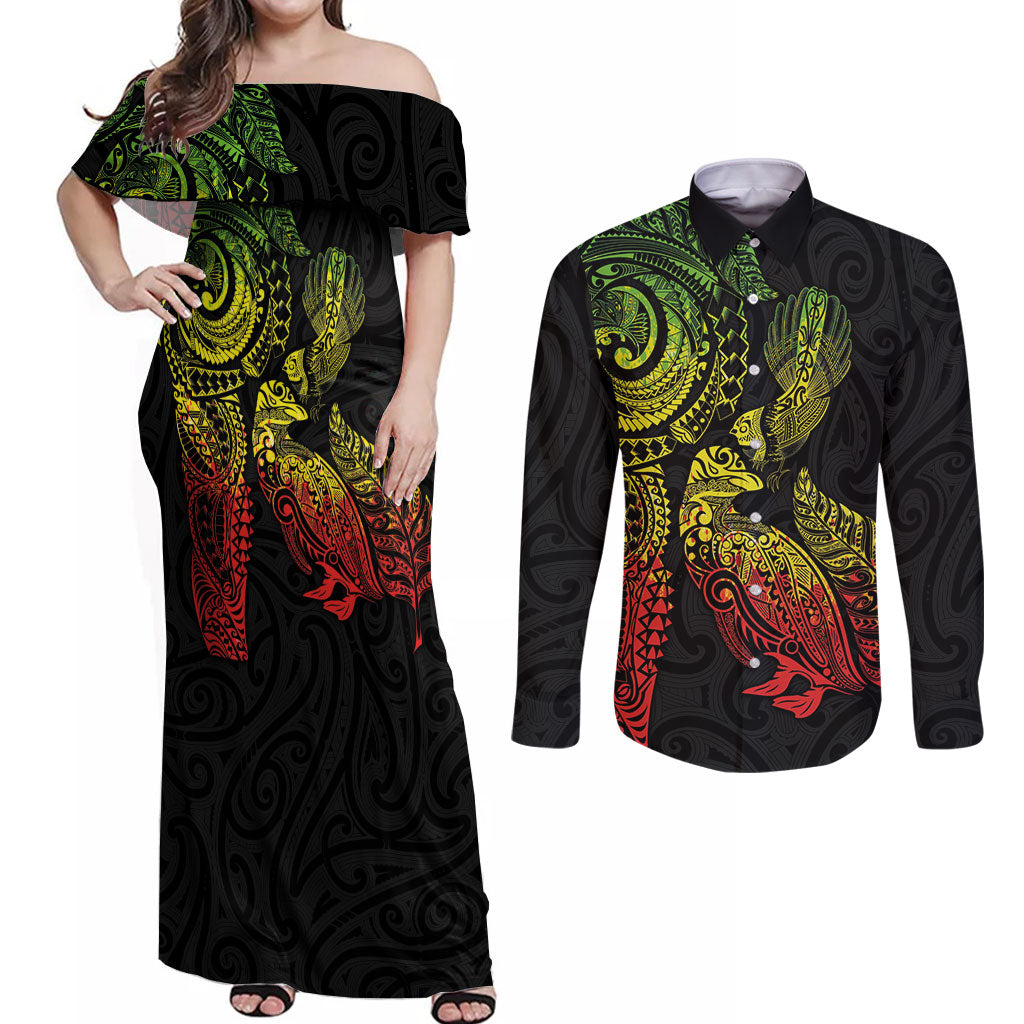 Aotearoa Moko Tribal Tattoo Couples Matching Off Shoulder Maxi Dress and Long Sleeve Button Shirt New Zealand Maori Penguin and Fantail Reggae Style LT03 Multicolor - Polynesian Pride
