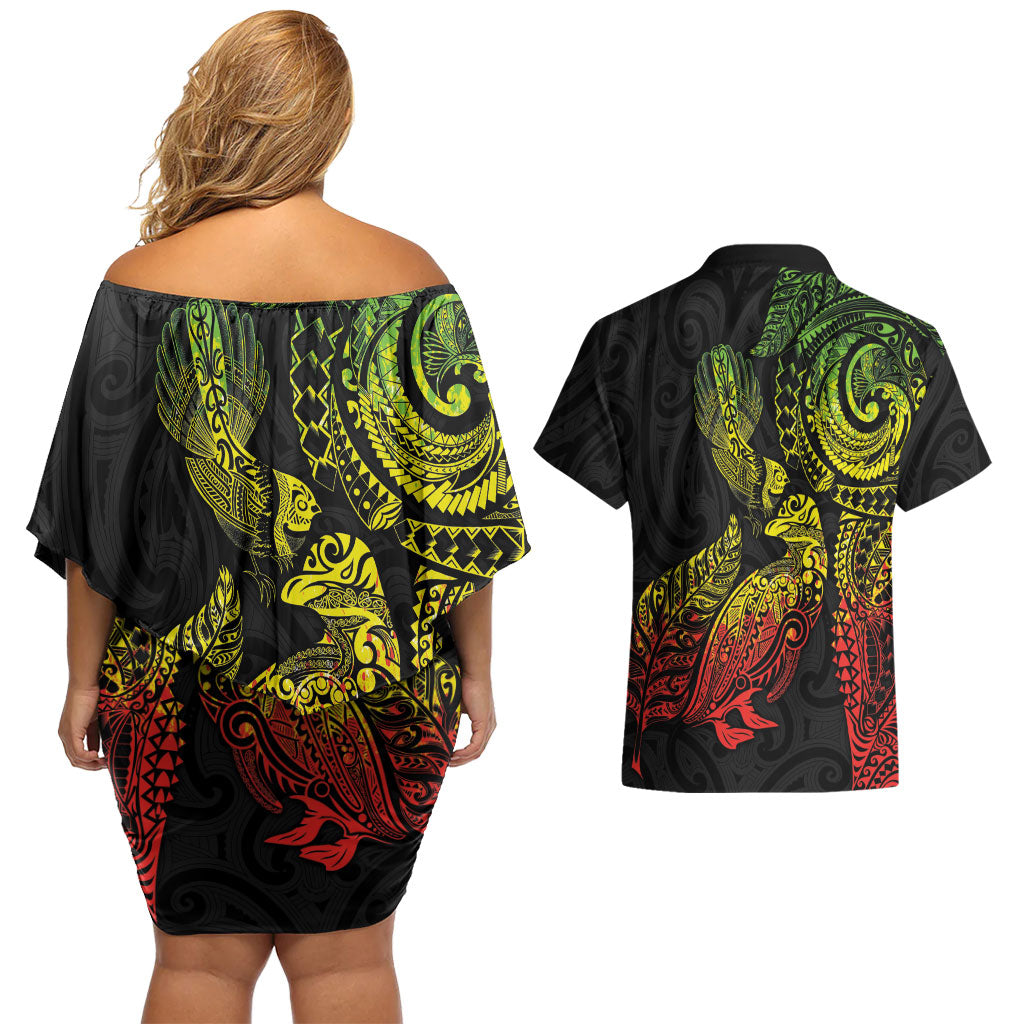 Aotearoa Moko Tribal Tattoo Couples Matching Off Shoulder Short Dress and Hawaiian Shirt New Zealand Maori Penguin and Fantail Reggae Style