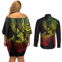 Aotearoa Moko Tribal Tattoo Couples Matching Off Shoulder Short Dress and Long Sleeve Button Shirt New Zealand Maori Penguin and Fantail Reggae Style