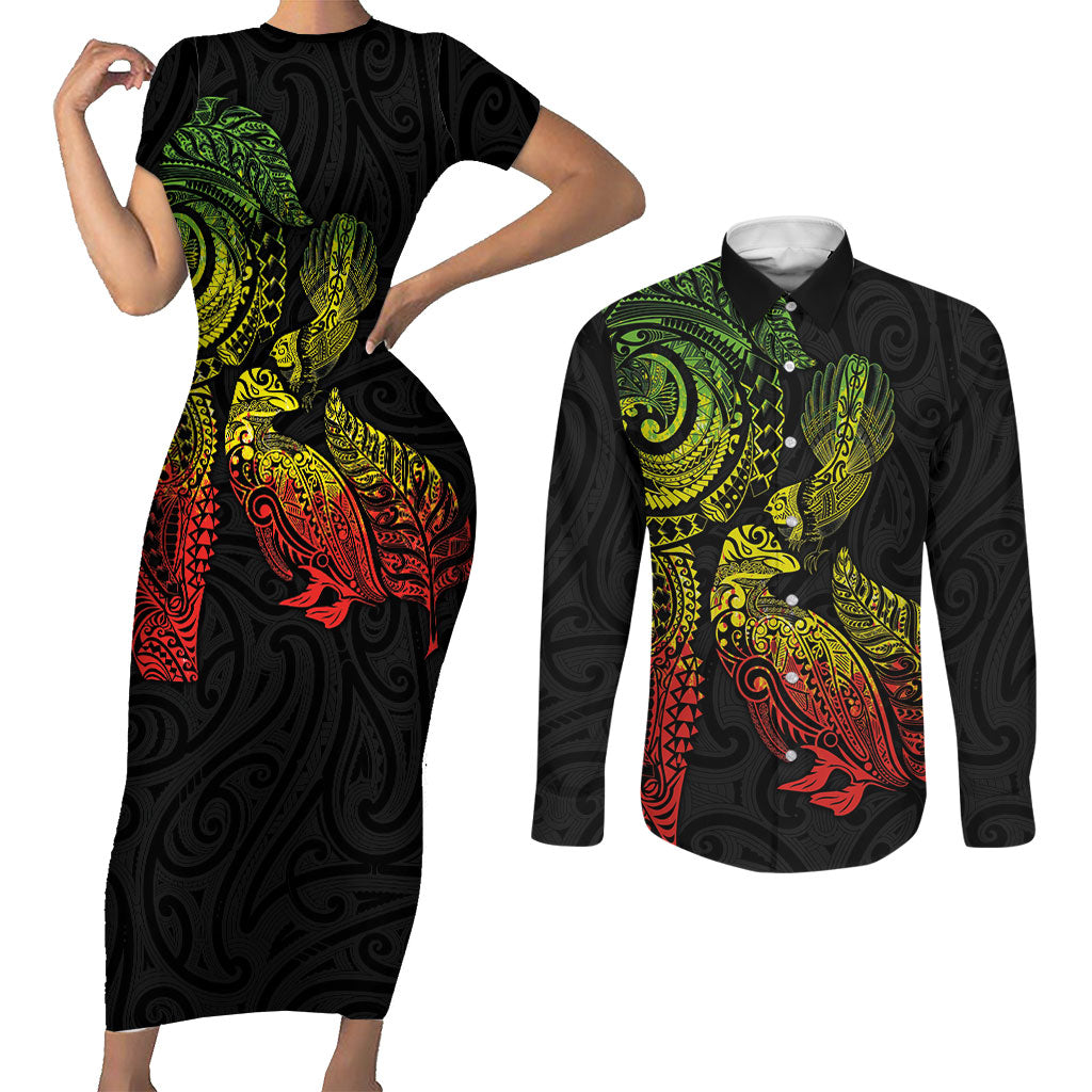 Aotearoa Moko Tribal Tattoo Couples Matching Short Sleeve Bodycon Dress and Long Sleeve Button Shirt New Zealand Maori Penguin and Fantail Reggae Style LT03 Multicolor - Polynesian Pride