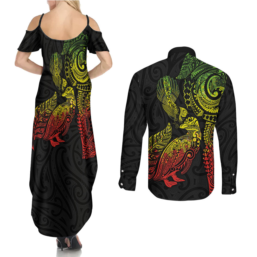 Aotearoa Moko Tribal Tattoo Couples Matching Summer Maxi Dress and Long Sleeve Button Shirt New Zealand Maori Penguin and Fantail Reggae Style