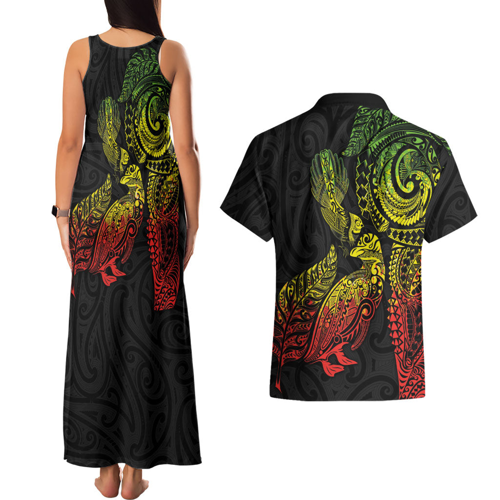 Aotearoa Moko Tribal Tattoo Couples Matching Tank Maxi Dress and Hawaiian Shirt New Zealand Maori Penguin and Fantail Reggae Style