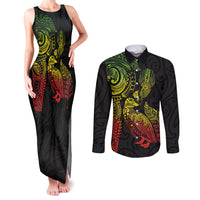 Aotearoa Moko Tribal Tattoo Couples Matching Tank Maxi Dress and Long Sleeve Button Shirt New Zealand Maori Penguin and Fantail Reggae Style