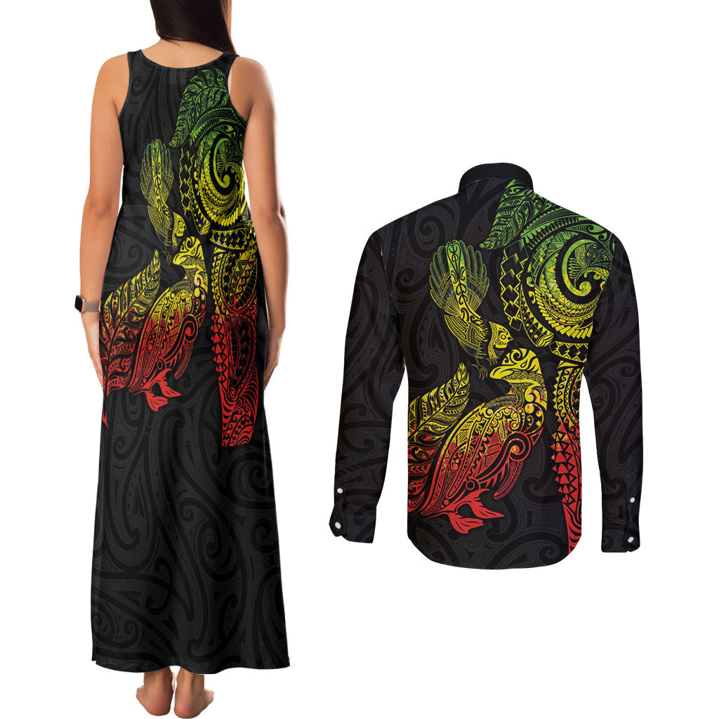 Aotearoa Moko Tribal Tattoo Couples Matching Tank Maxi Dress and Long Sleeve Button Shirt New Zealand Maori Penguin and Fantail Reggae Style