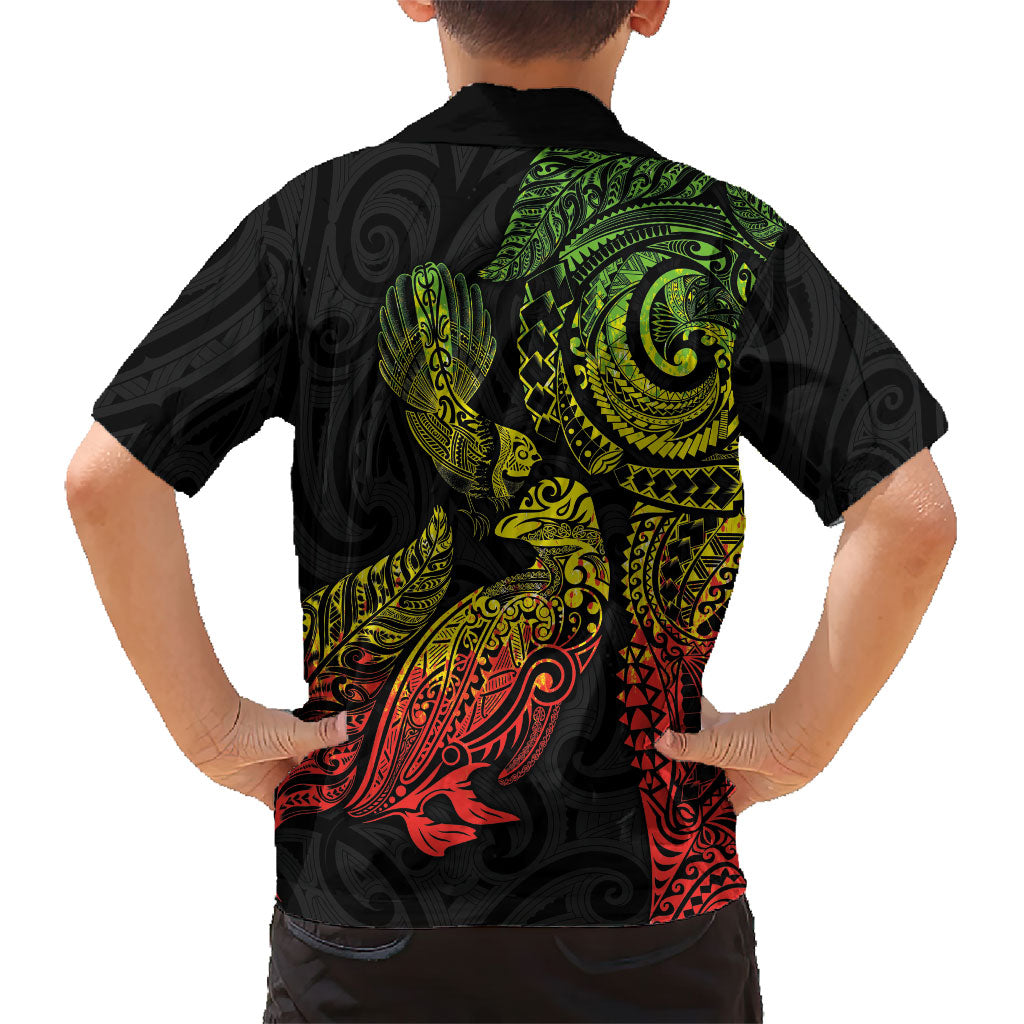 Aotearoa Moko Tribal Tattoo Family Matching Long Sleeve Bodycon Dress and Hawaiian Shirt New Zealand Maori Penguin and Fantail Reggae Style