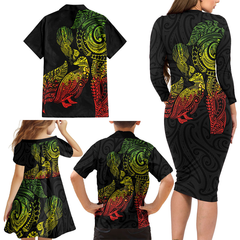 Aotearoa Moko Tribal Tattoo Family Matching Long Sleeve Bodycon Dress and Hawaiian Shirt New Zealand Maori Penguin and Fantail Reggae Style