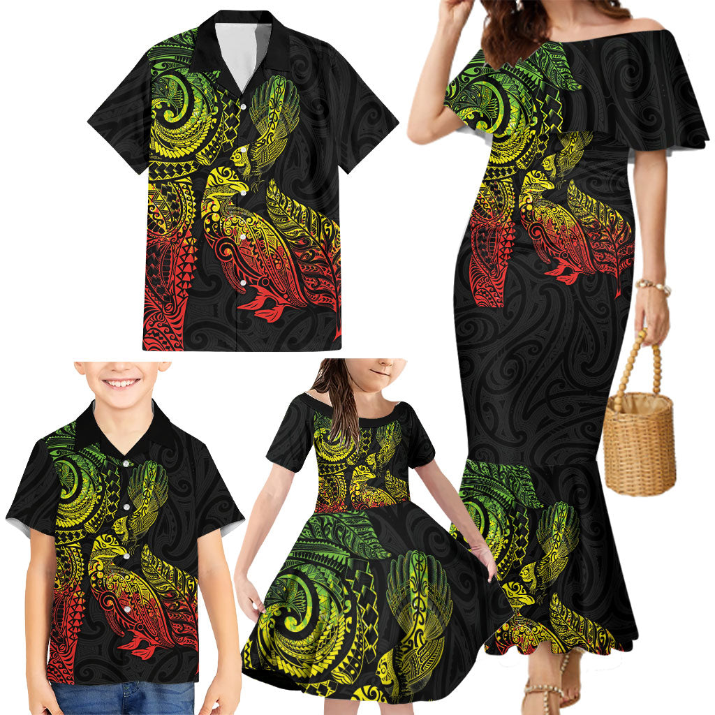 Aotearoa Moko Tribal Tattoo Family Matching Mermaid Dress and Hawaiian Shirt New Zealand Maori Penguin and Fantail Reggae Style LT03 - Polynesian Pride