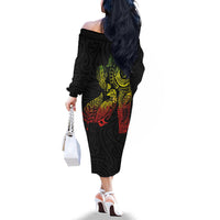 Aotearoa Moko Tribal Tattoo Family Matching Off The Shoulder Long Sleeve Dress and Hawaiian Shirt New Zealand Maori Penguin and Fantail Reggae Style