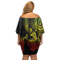 Aotearoa Moko Tribal Tattoo Family Matching Off Shoulder Short Dress and Hawaiian Shirt New Zealand Maori Penguin and Fantail Reggae Style
