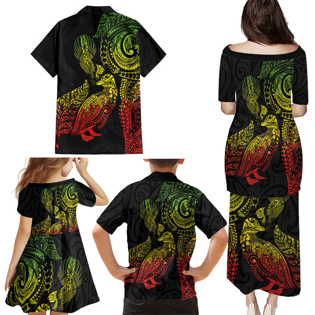 Aotearoa Moko Tribal Tattoo Family Matching Puletasi and Hawaiian Shirt New Zealand Maori Penguin and Fantail Reggae Style