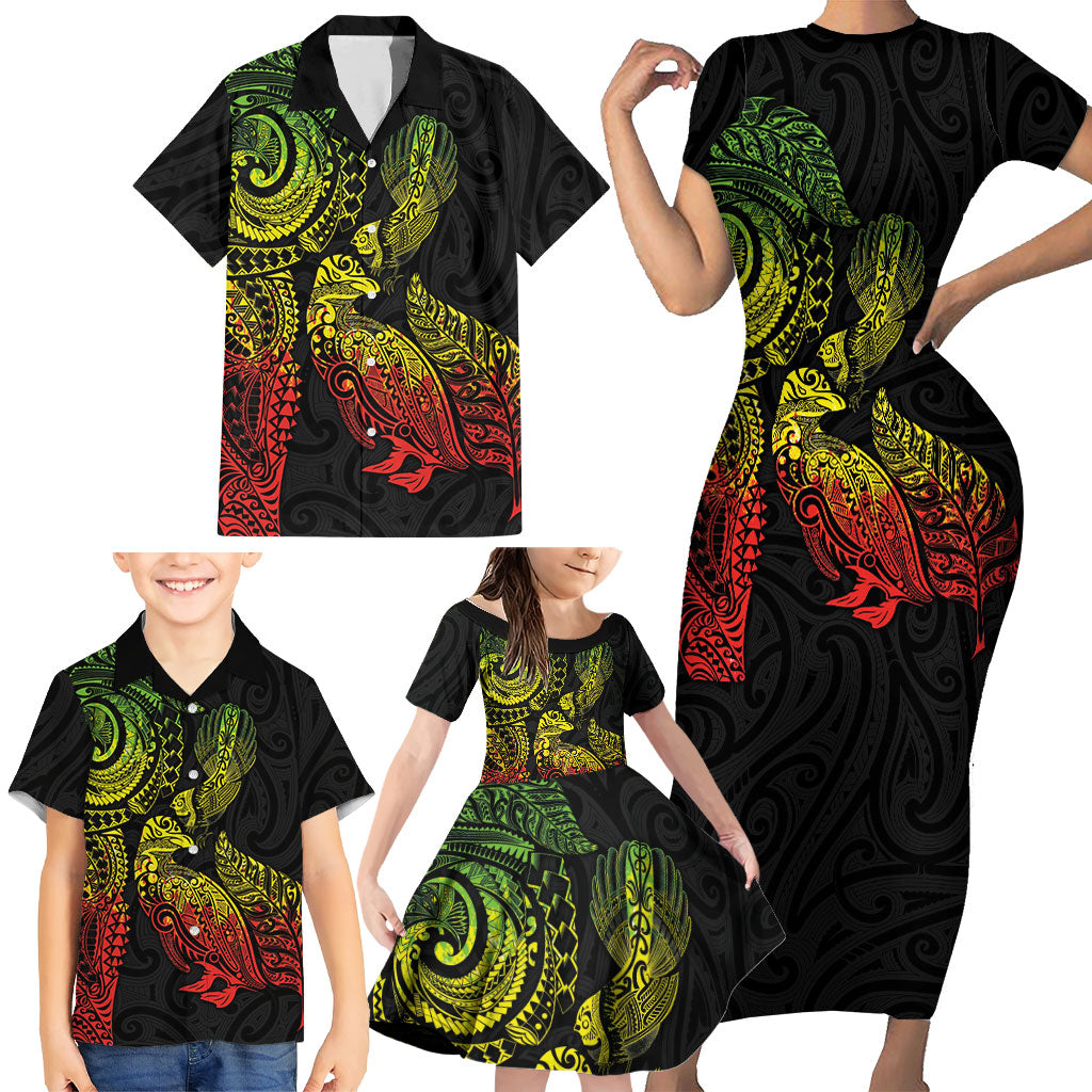 Aotearoa Moko Tribal Tattoo Family Matching Short Sleeve Bodycon Dress and Hawaiian Shirt New Zealand Maori Penguin and Fantail Reggae Style