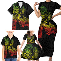 Aotearoa Moko Tribal Tattoo Family Matching Short Sleeve Bodycon Dress and Hawaiian Shirt New Zealand Maori Penguin and Fantail Reggae Style