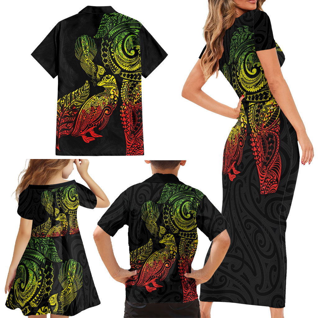 Aotearoa Moko Tribal Tattoo Family Matching Short Sleeve Bodycon Dress and Hawaiian Shirt New Zealand Maori Penguin and Fantail Reggae Style